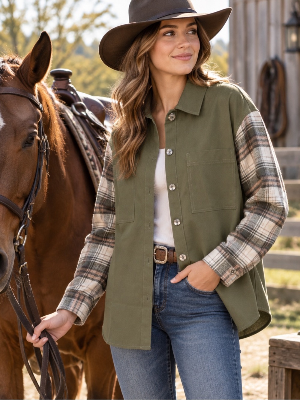 Thread and Supply Denim Flannel Shacket Green Button-Up w/Brown Plaid Sleeves